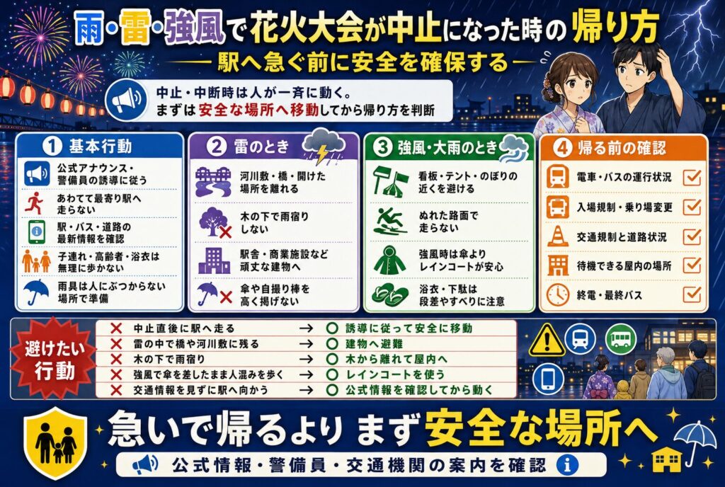 雨・雷・強風で花火大会が中止になった時の帰り方｜駅へ急ぐ前に安全を確保する