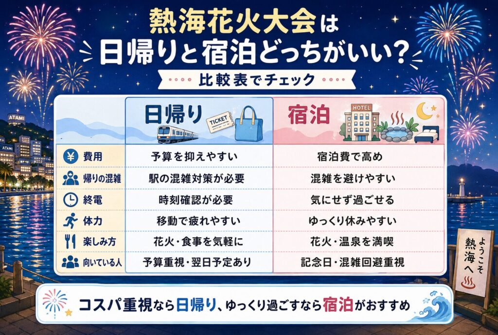 熱海花火大会は日帰りと宿泊どっちがいい?比較表でチェック