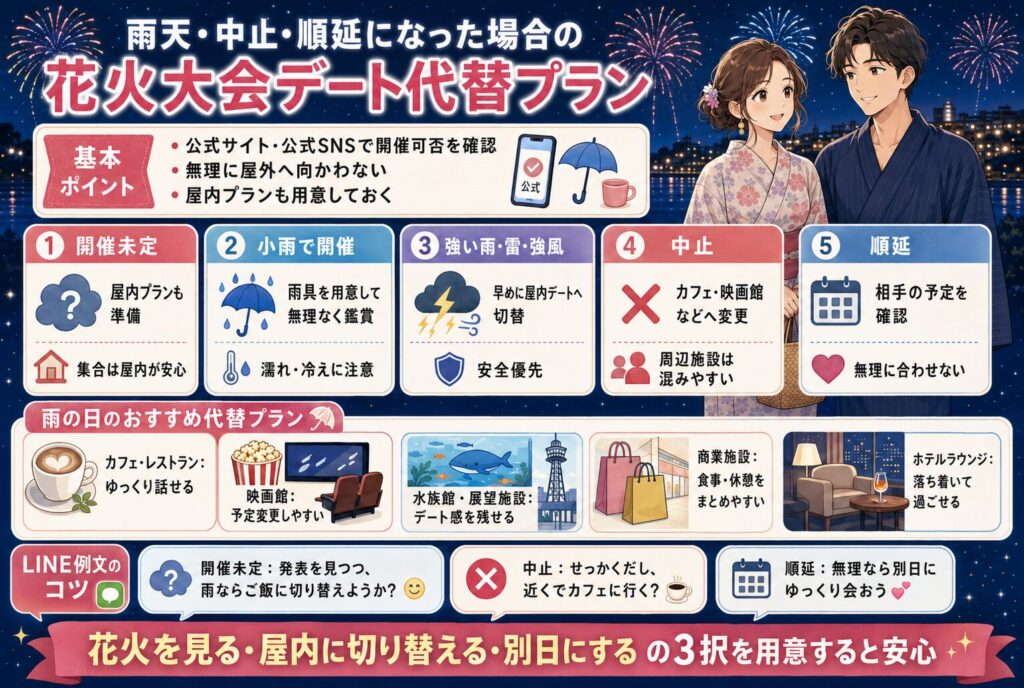 雨天・中止・順延になった場合の花火大会デート代替プラン