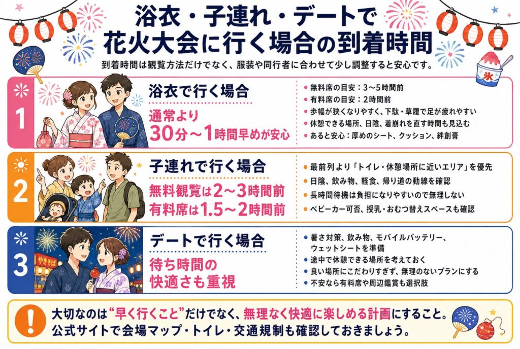 浴衣・子連れ・デートで花火大会に行く場合の到着時間