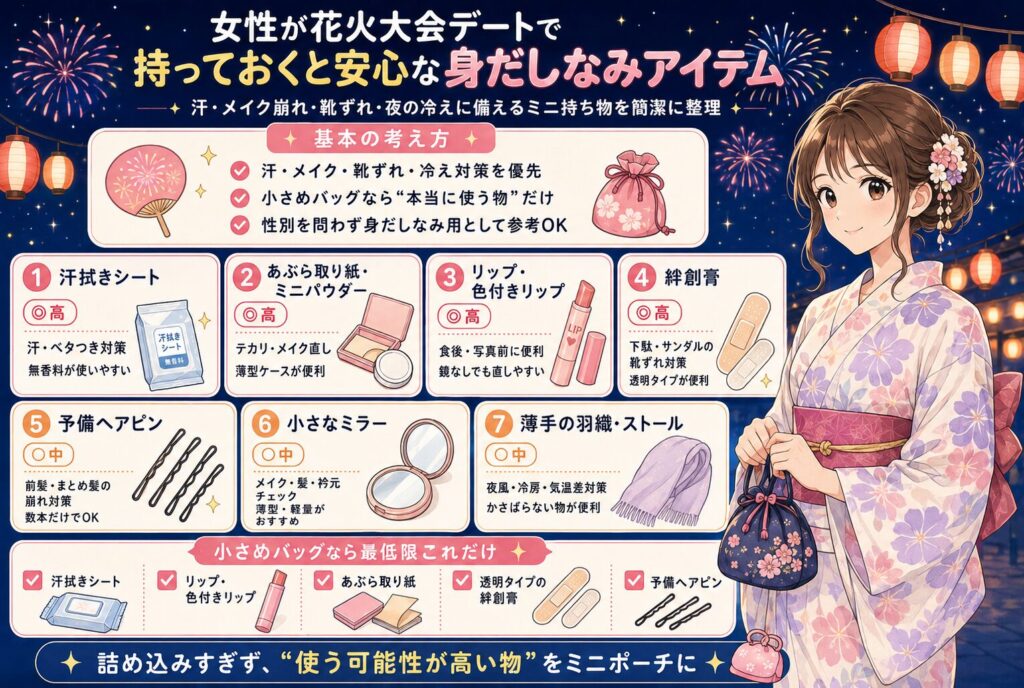 女性が花火大会デートで持っておくと安心な身だしなみアイテム