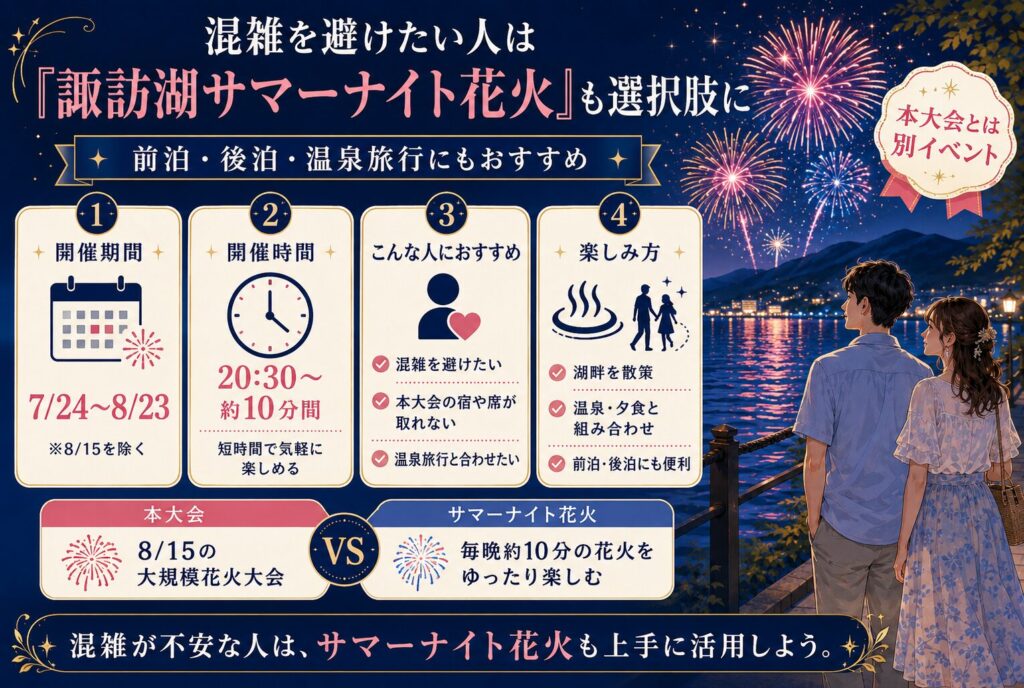 混雑を避けたい人は「諏訪湖サマーナイト花火」も選択肢に