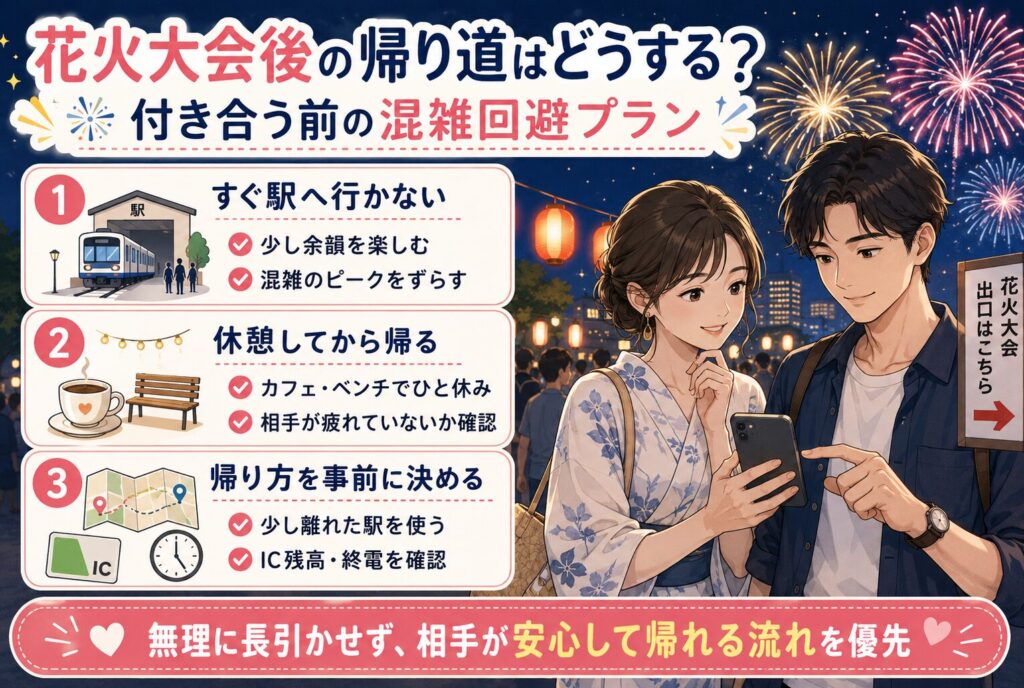花火大会後の帰り道はどうする？付き合う前の混雑回避プラン