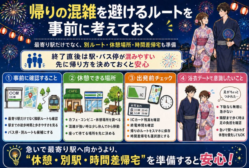 帰りの混雑を避けるルートを事前に考えておく