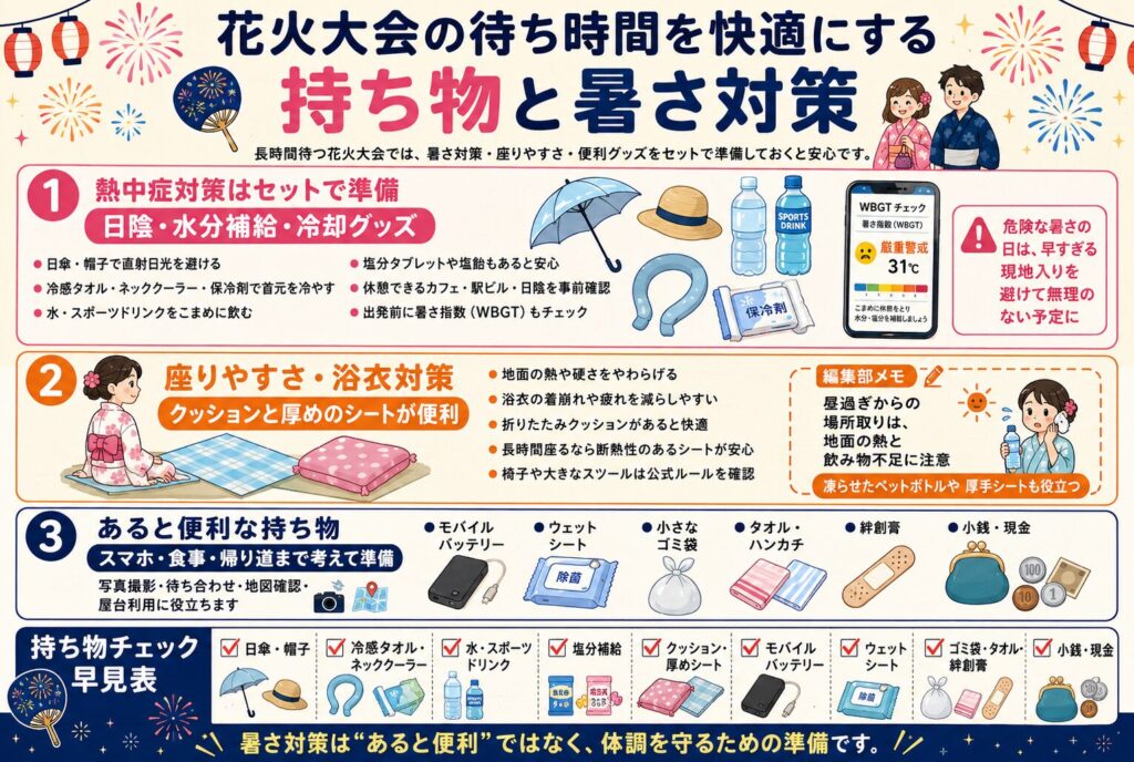 花火大会の待ち時間を快適にする持ち物と暑さ対策