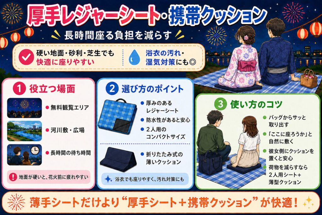 厚手レジャーシート・携帯クッション｜長時間座る負担を減らす
