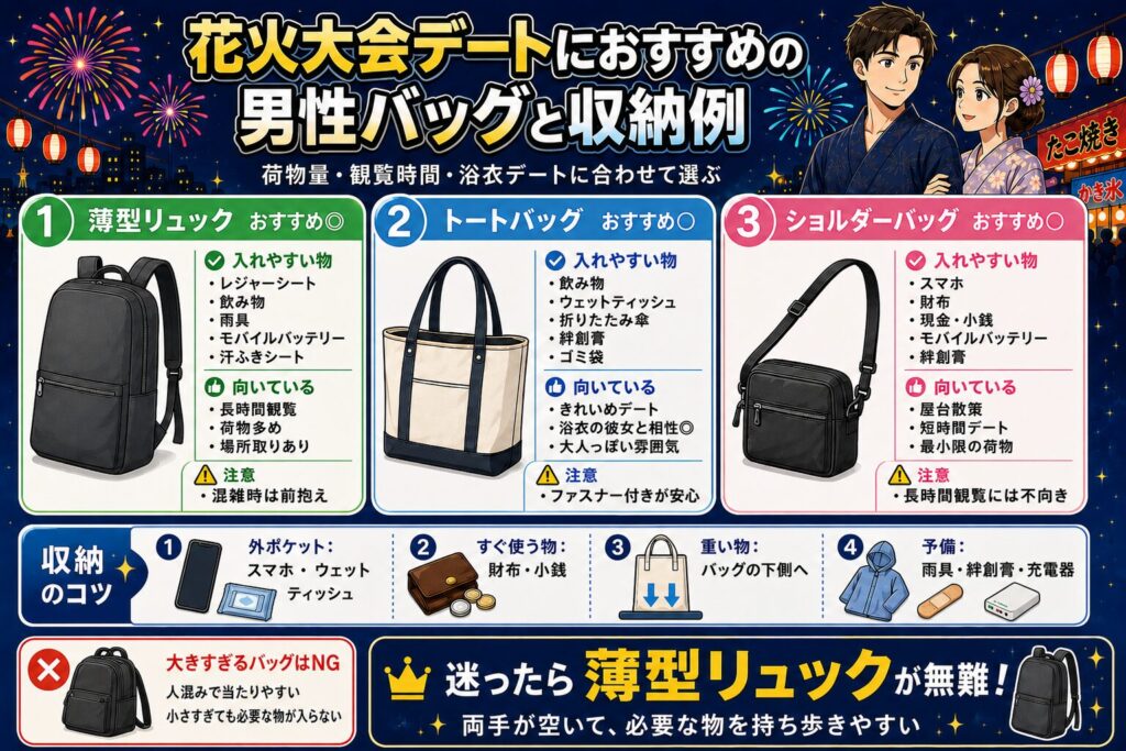 花火大会デートにおすすめの男性バッグと収納例