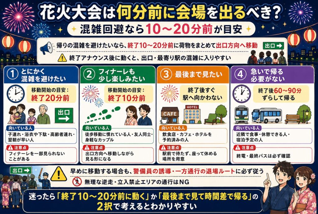 花火大会は何分前に会場を出るべき？混雑回避なら10〜20分前が目安