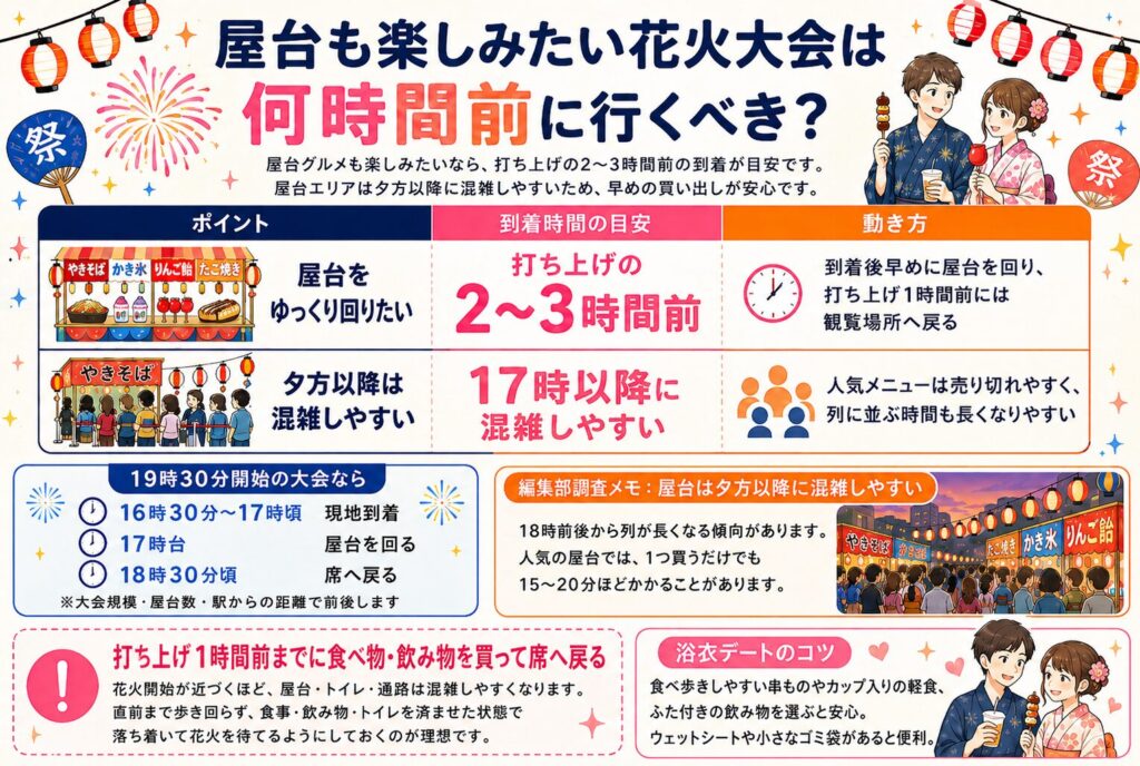 屋台も楽しみたい花火大会は何時間前に行くべき?