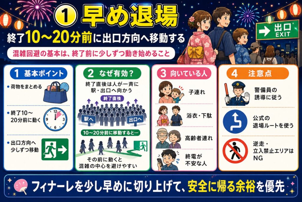 ①早め退場：終了10〜20分前に出口方向へ移動する