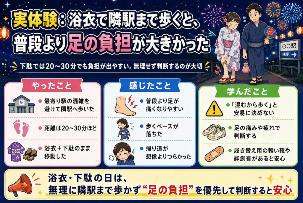 実体験：浴衣で隣駅まで歩くと、普段より足の負担が大きかった