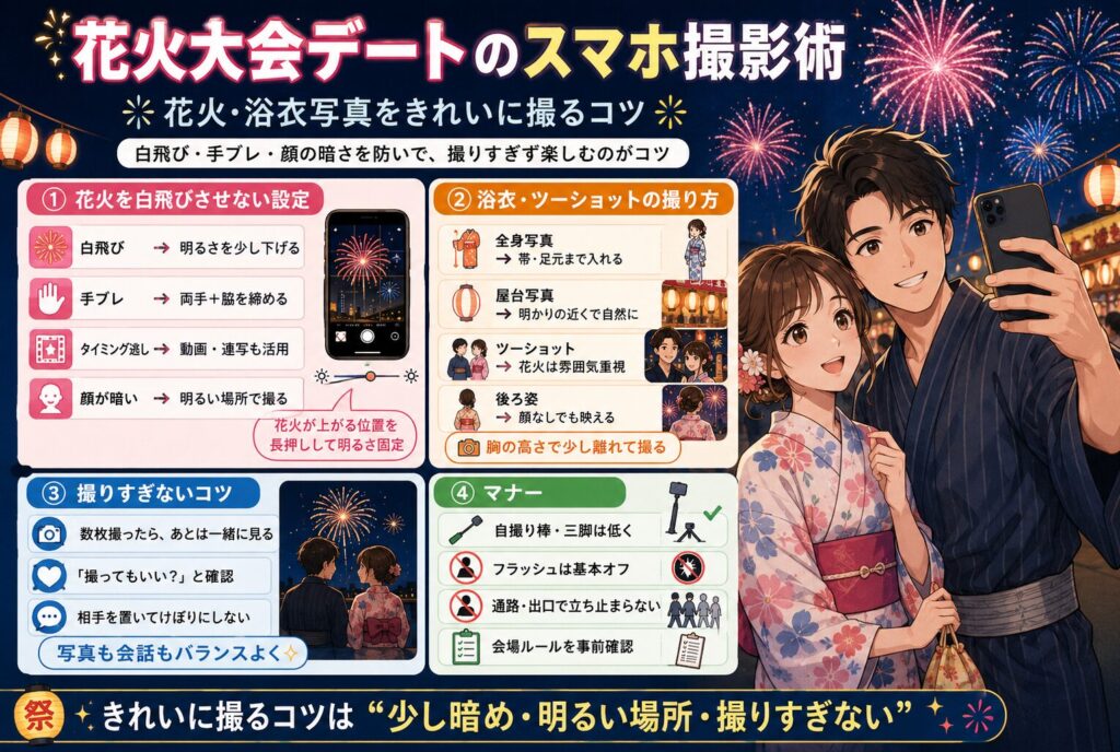 花火大会デートのスマホ撮影術｜花火・浴衣写真をきれいに撮るコツ
