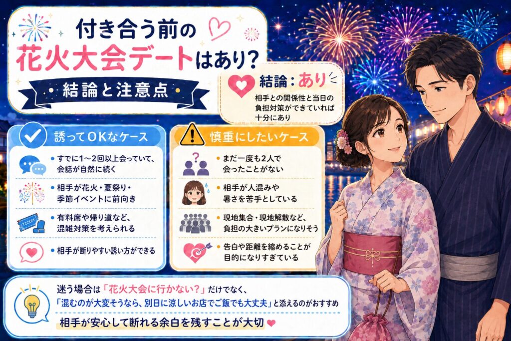 付き合う前の花火大会デートはあり？結論と注意点