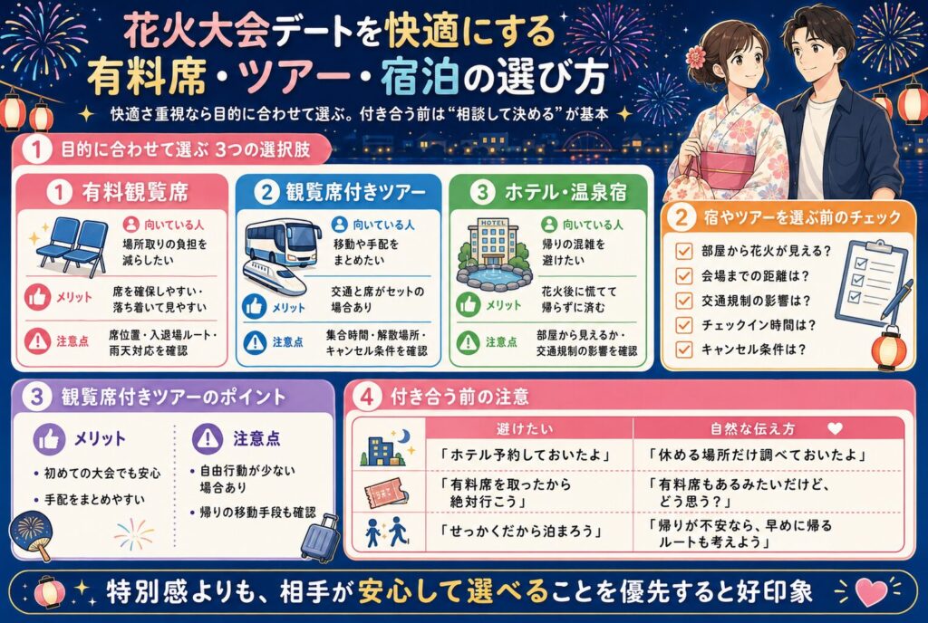 花火大会デートを快適にする有料席・ツアー・宿泊の選び方