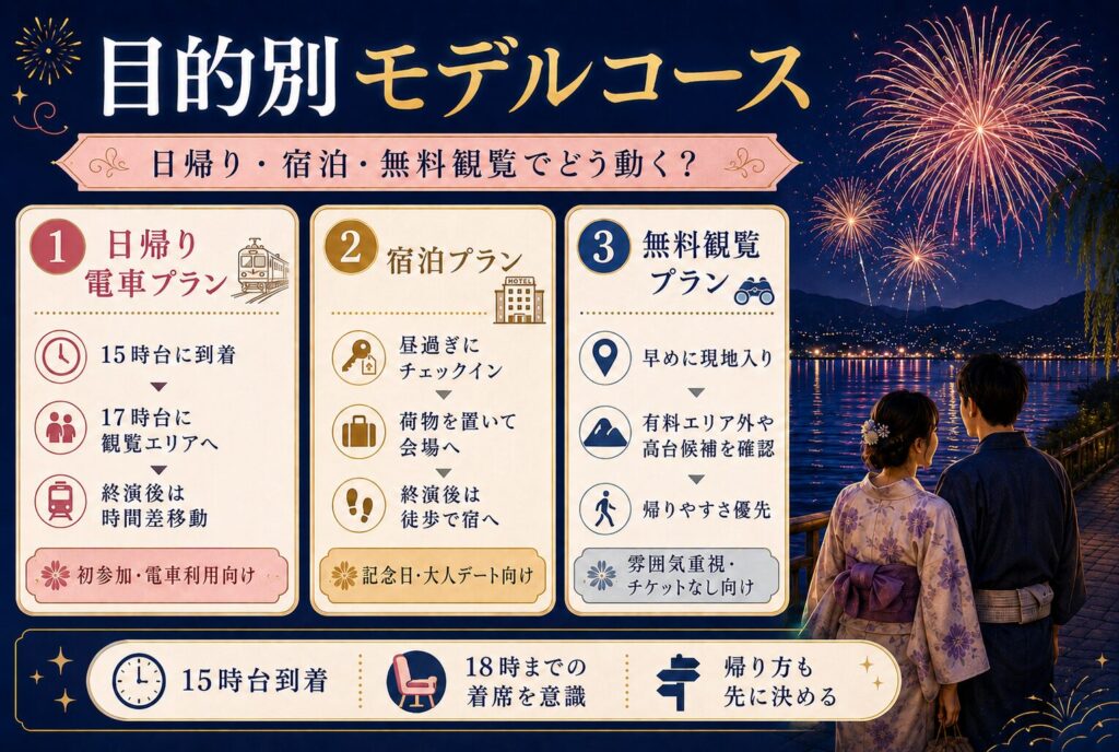 目的別モデルコース｜日帰り・宿泊・無料観覧でどう動く？