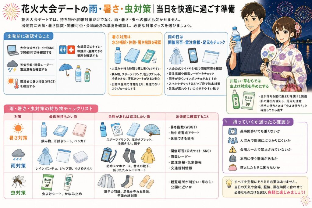 花火大会デートの雨・暑さ・虫対策｜当日を快適に過ごす準備