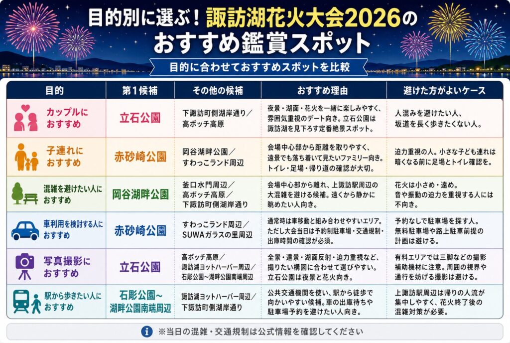 目的別に選ぶ!諏訪湖花火大会2026のおすすめ鑑賞スポット