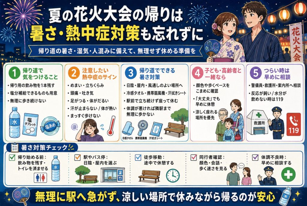 夏の花火大会の帰りは暑さ・熱中症対策も忘れずに