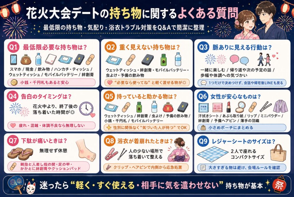 花火大会デートの持ち物に関するよくある質問