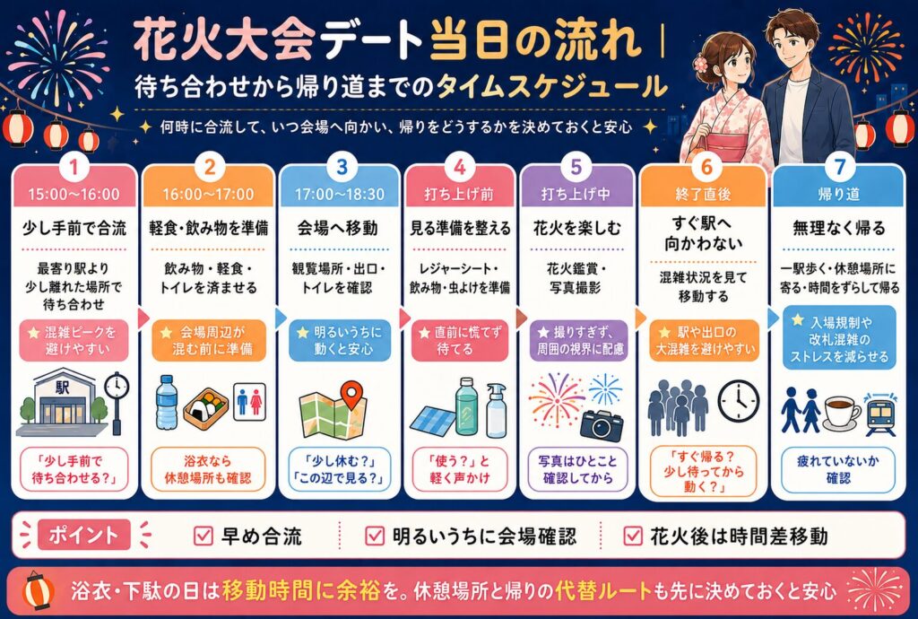 花火大会デート当日の流れ｜待ち合わせから帰り道までのタイムスケジュール