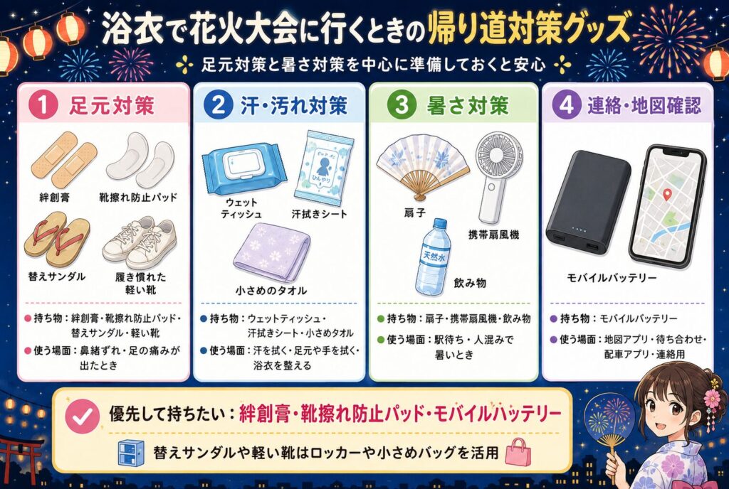 浴衣で花火大会に行くときの帰り道対策グッズ