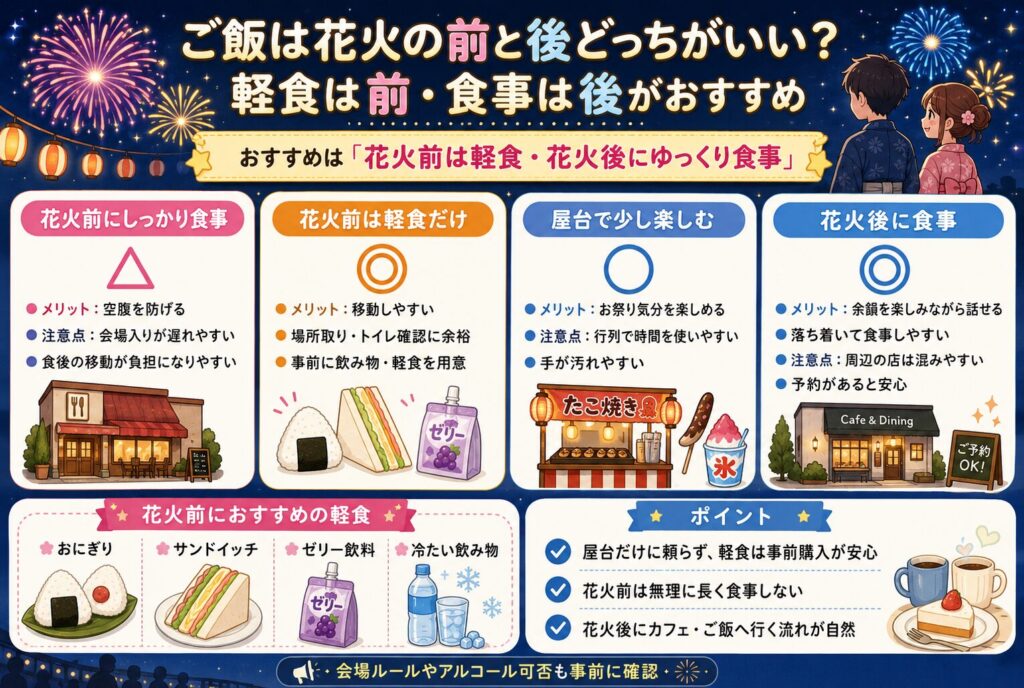 ご飯は花火の前と後どっちがいい？軽食は前・食事は後がおすすめ