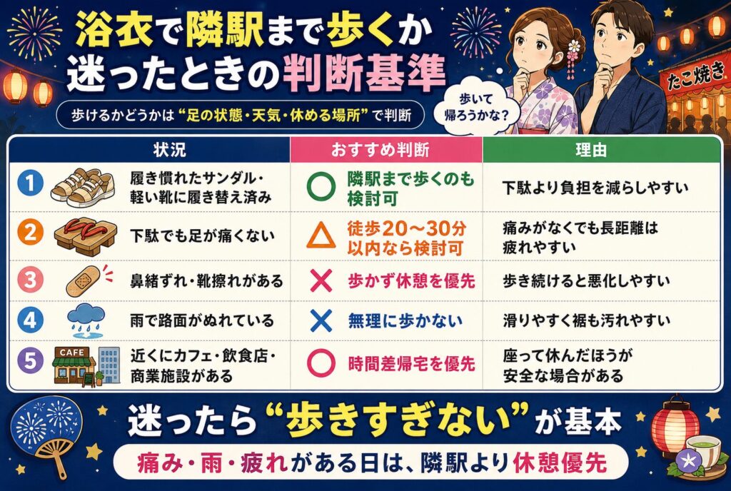 浴衣で隣駅まで歩くか迷ったときの判断基準