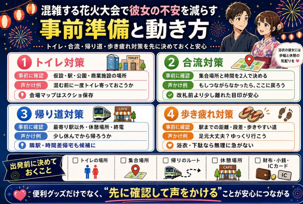 混雑する花火大会で彼女の不安を減らす事前準備と動き方