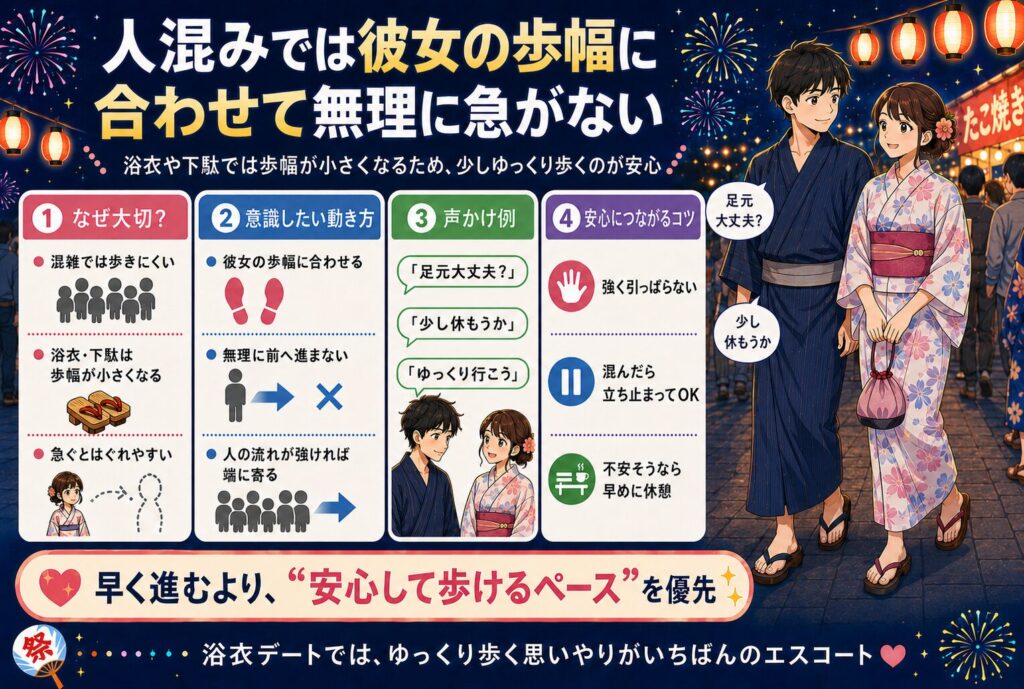 人混みでは彼女の歩幅に合わせて無理に急がない