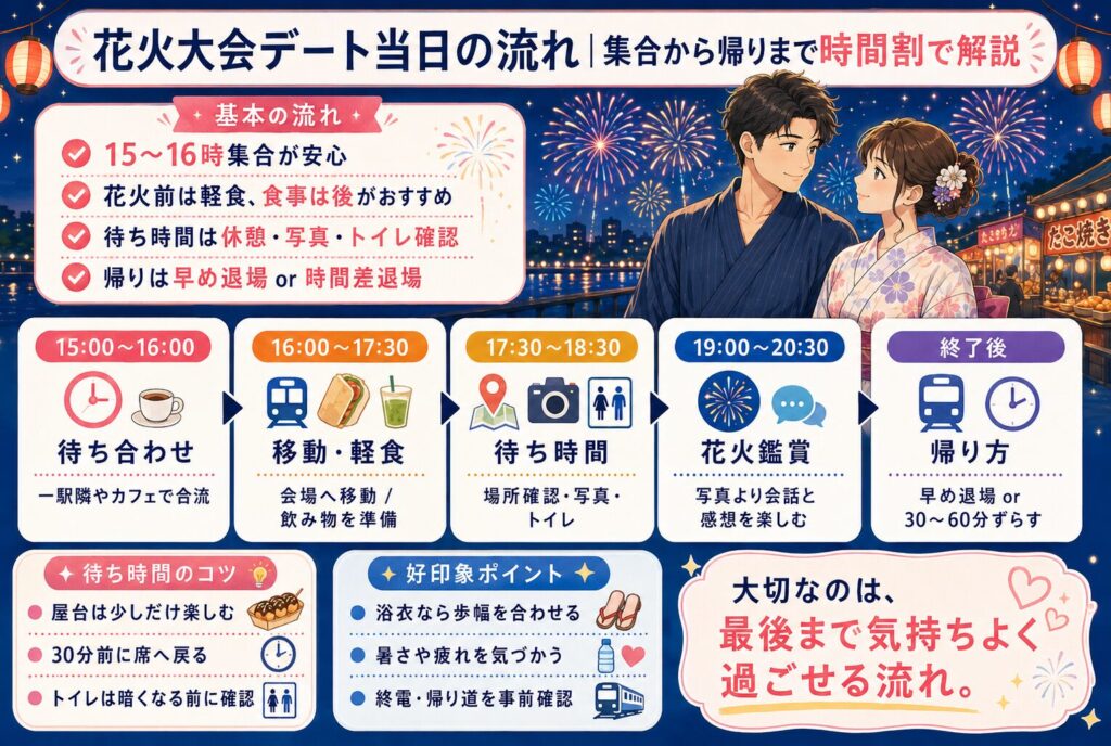 花火大会デート当日の流れ｜集合から帰りまで時間割で解説