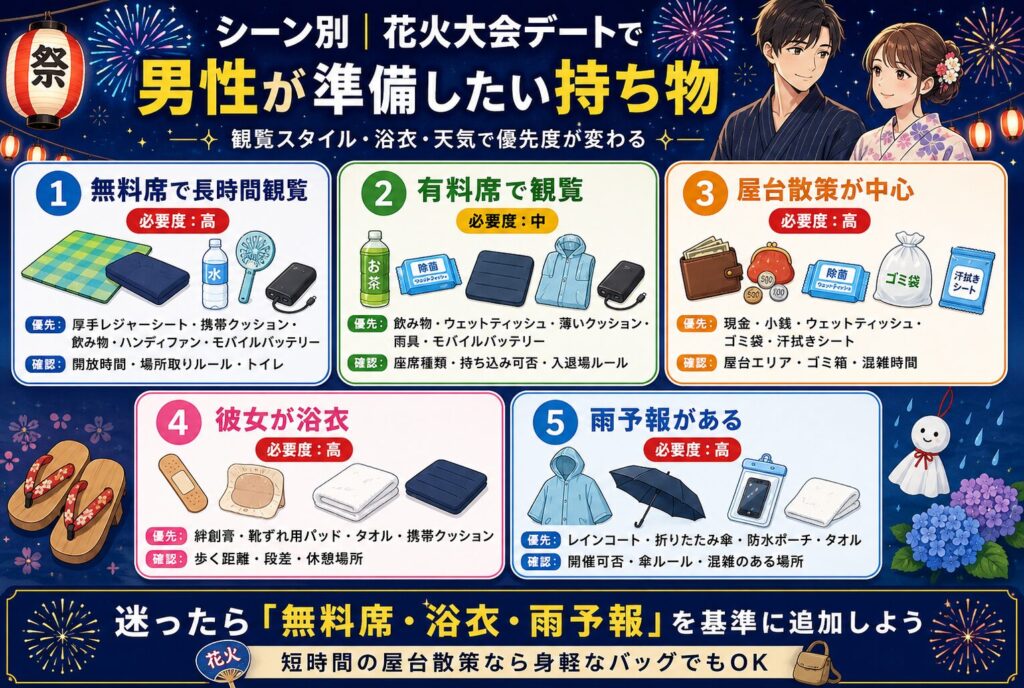 シーン別｜花火大会デートで男性が準備したい持ち物