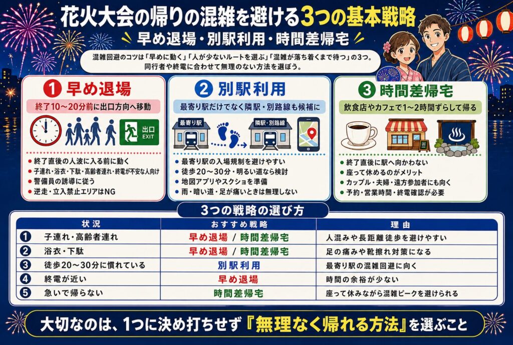 花火大会の帰りの混雑を避ける3つの基本戦略｜早め退場・別駅利用・時間差帰宅