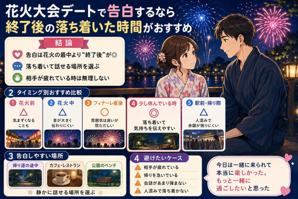 花火大会デートで告白するなら終了後の落ち着いた時間がおすすめ
