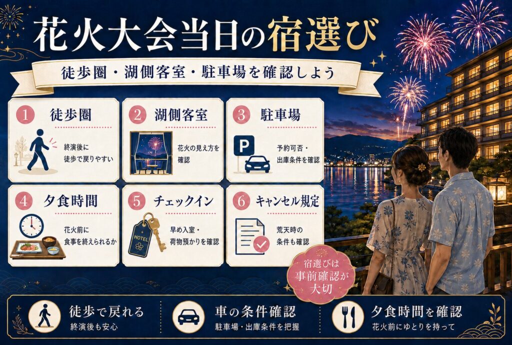 花火大会当日の宿選び｜徒歩圏・湖側客室・駐車場を確認しよう