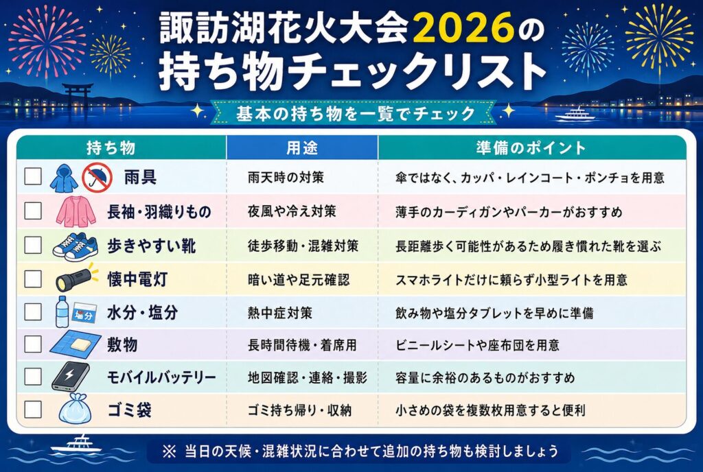 諏訪湖花火大会2026の持ち物チェックリスト