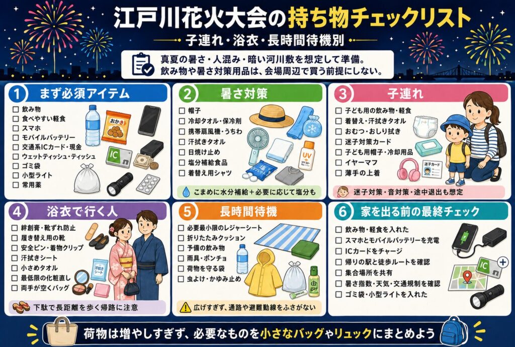 江戸川花火大会の持ち物チェックリスト｜子連れ・浴衣・長時間待機別