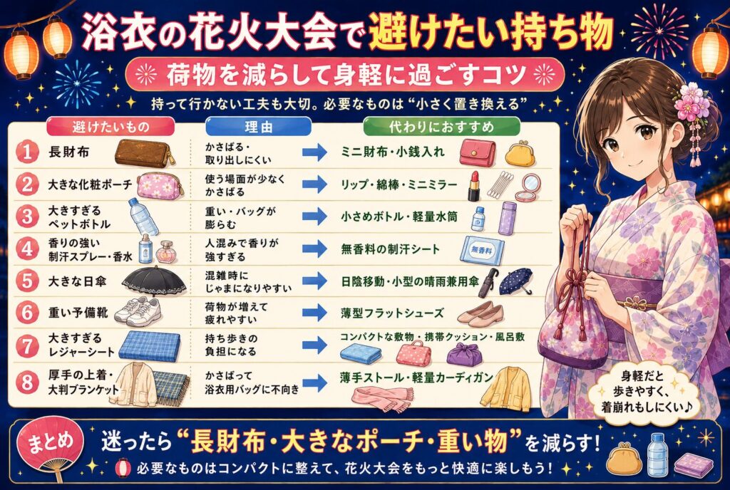 浴衣の花火大会で避けたい持ち物｜荷物を減らして身軽に過ごすコツ