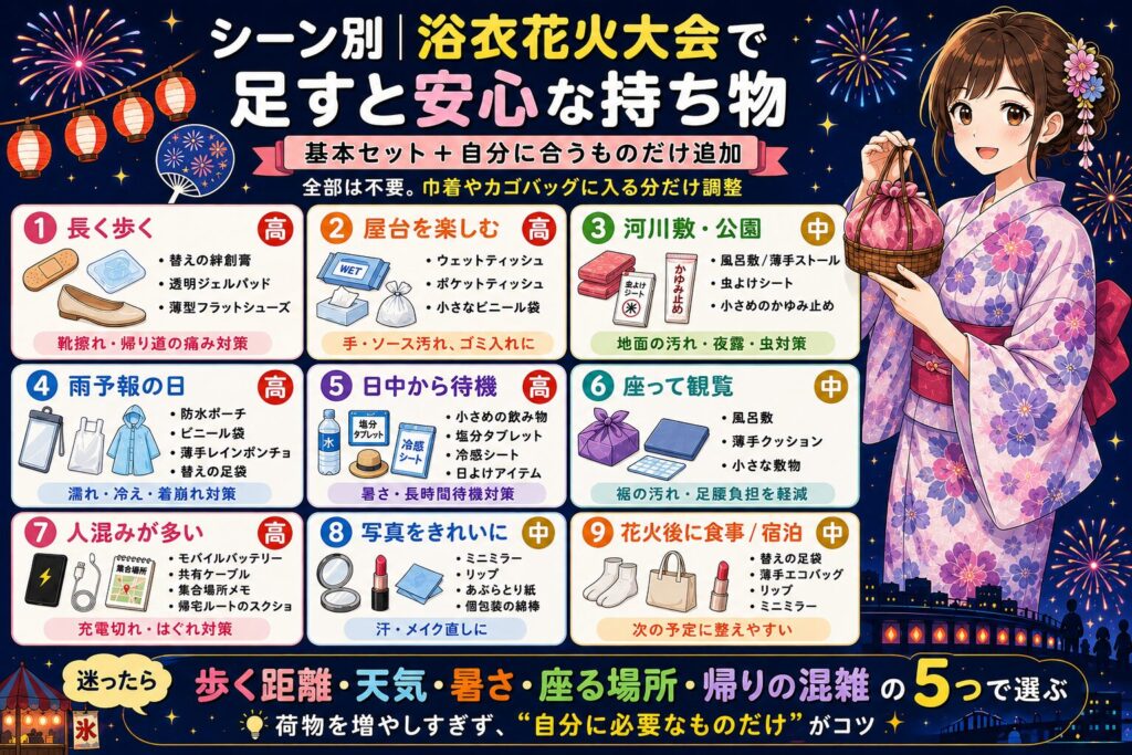 シーン別｜浴衣花火大会で足すと安心な持ち物