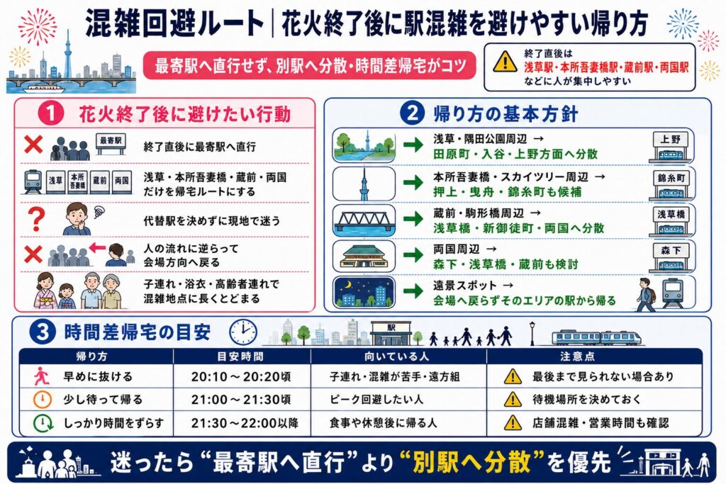 混雑回避ルート|花火終了後に駅混雑を避けやすい帰り方