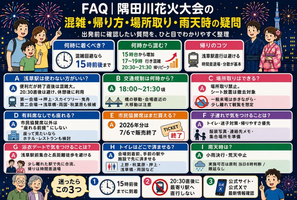 FAQ｜隅田川花火大会の混雑・帰り方・場所取り・雨天時の疑問