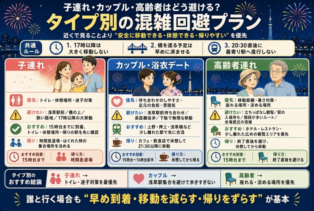 子連れ・カップル・高齢者はどう避ける？タイプ別の混雑回避プラン