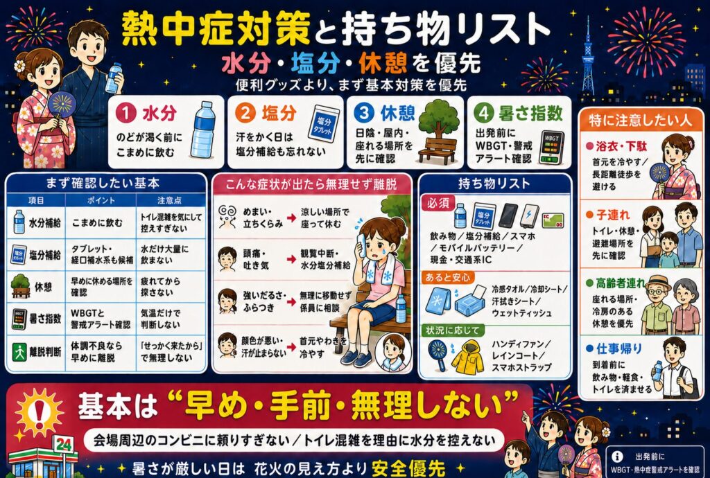 熱中症対策と持ち物リスト｜水分・塩分・休憩を優先
