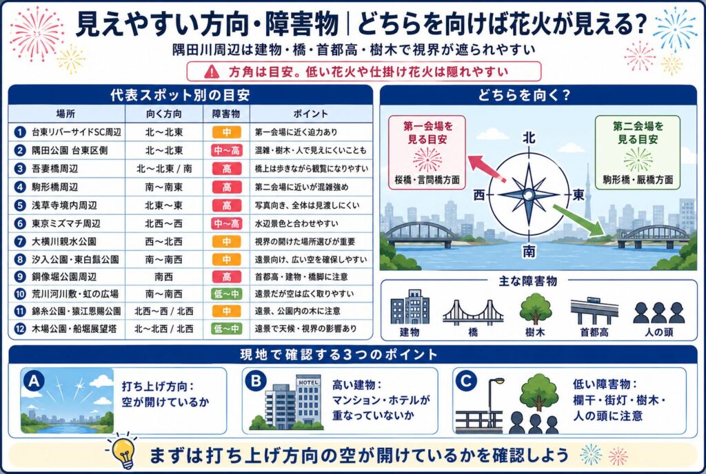 見えやすい方向・障害物|どちらを向けば花火が見える?