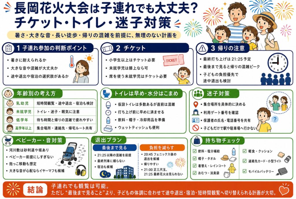 長岡花火大会は子連れでも大丈夫?チケット・トイレ・迷子対策