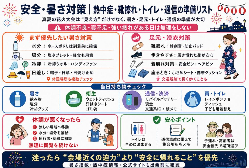 安全・暑さ対策|熱中症・靴擦れ・トイレ・通信の準備リスト