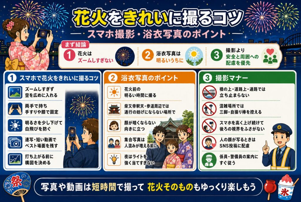 花火をきれいに撮るコツ|スマホ撮影・浴衣写真のポイント
