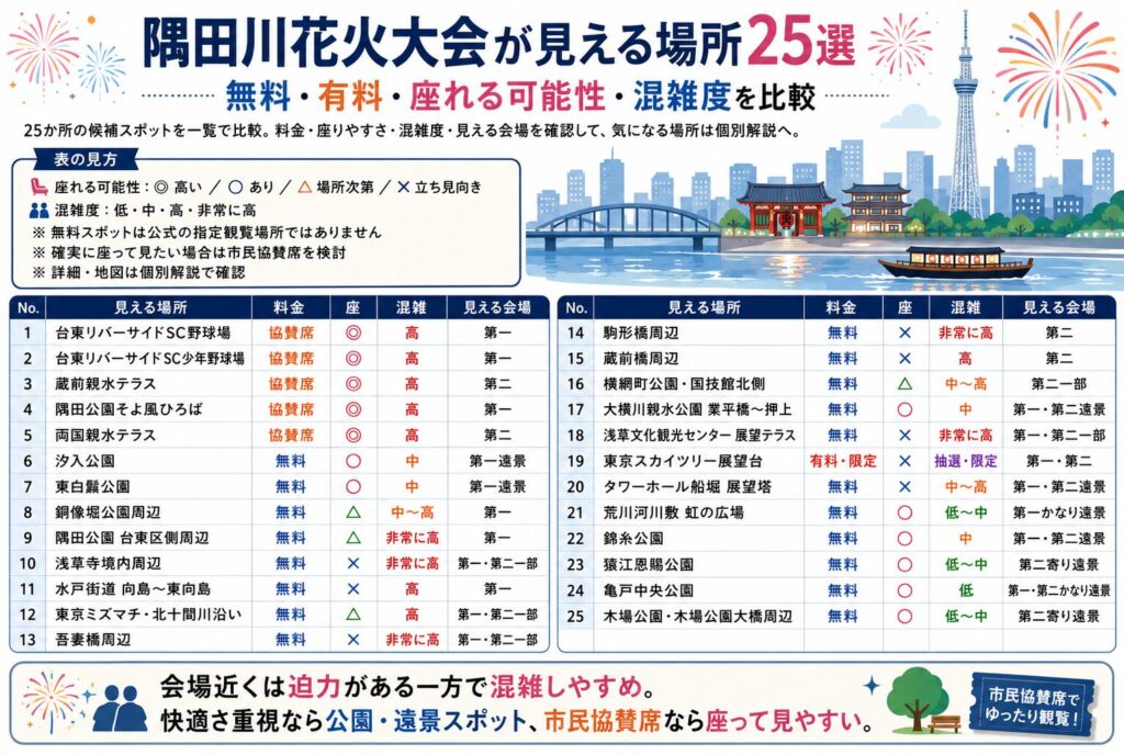 隅田川花火大会が見える場所25選|無料・有料・座れる可能性・混雑度を比較