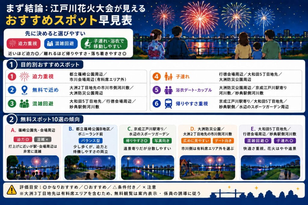 まず結論：江戸川花火大会が見えるおすすめスポット早見表