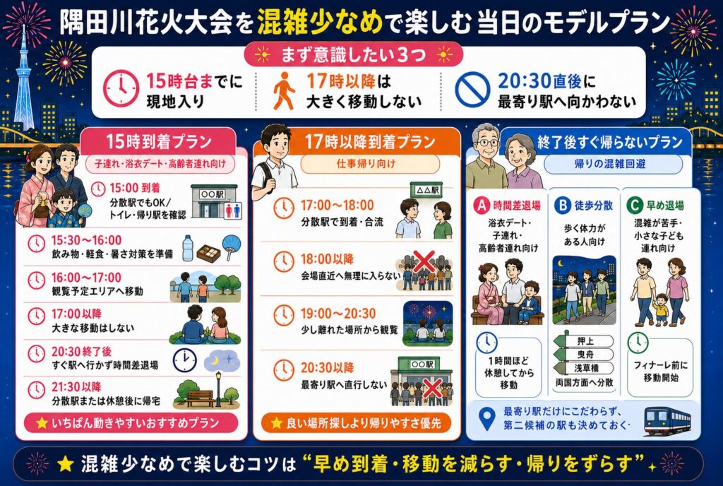 隅田川花火大会を混雑少なめで楽しむ当日のモデルプラン