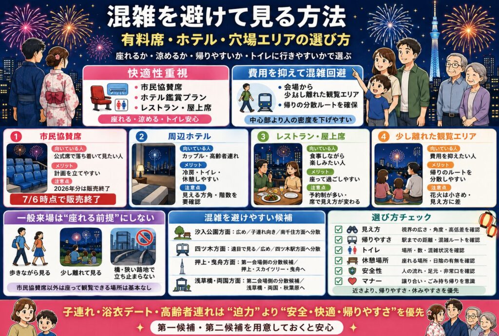 混雑を避けて見る方法｜有料席・ホテル・穴場エリアの選び方